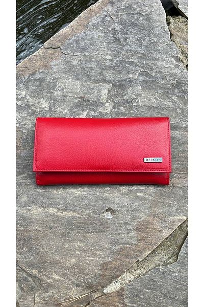 DERKON Mother's Love Genuine Leather Red Women's Wallet with Placket on the Back and Plenty of Card Holders