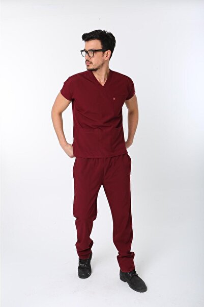 Likralı Hemşire Doktor Tek Alt Üniforma Erkek Bordo Renk