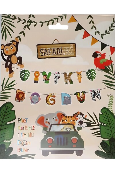 Bkmc Steag cu inscripție „La mulți ani” în formă de safari - Temă Safari pent...