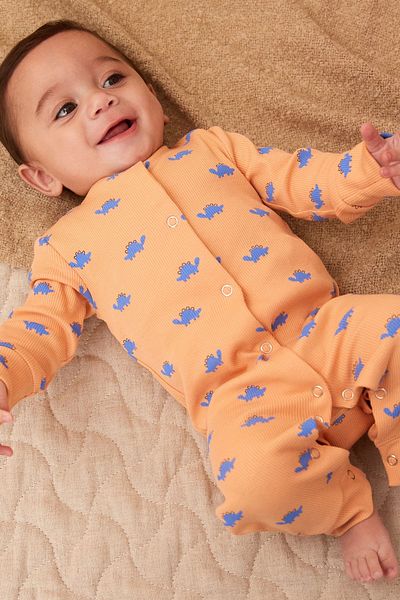 Next Baby Orange Shiny Dino Printed - 100% Cotton Footless 3-Piece Jumpsuit Set