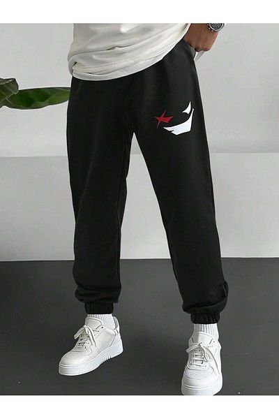 LAND MODA Sneaky Face Sweatpants Jogger - Μαύρο εμπριμέ λαστιχένιο πόδι ψηλή μέση