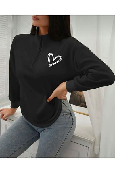 BYMEER Pulover negru cu inimă imprimată cu fermoar pe jumătate