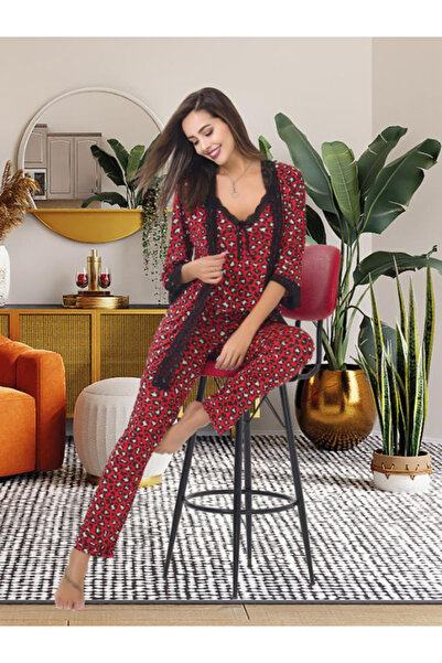 Lumenia Дамски пижамен комплект, халат, дантелен 3-компонентен пижамен компле...