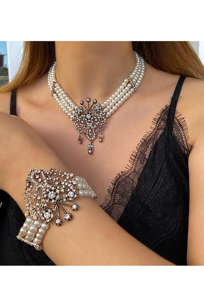 TMD AKSESUAR Mahidevran Zircon Stone Antique Pearl Necklace, Bracelet and Earring Set