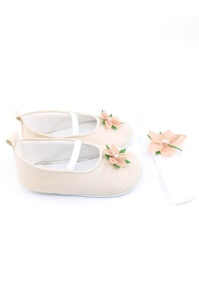 Babytor SPECIAL SERIES CREAM COLORED CHAMOMILE NEEDLE CARVED ECRU, ELASTIC SHOES, BABY GIRL SHOES AND BANDANA