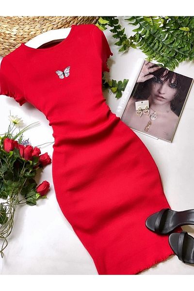 YUSUF CAN KARATAŞ KARATAŞ GİYİM Rochie de damă cu mânecă scurtă cu imprimeu fluture din țesătură camisole de culoare roșie 100 cm