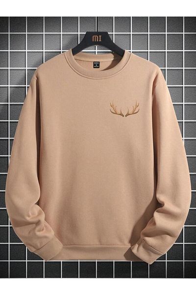 AEMİ Ανδρικό φούτερ με στάμπα Deer Horn Oversize Crew Neck Βαμβακερό