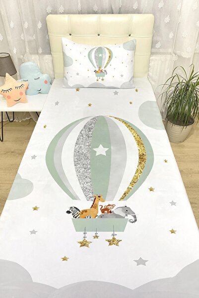 EVPANYA Uçan Balonlu Safari Desenli Yatak Örtüsü ve Yastık Kılıfı