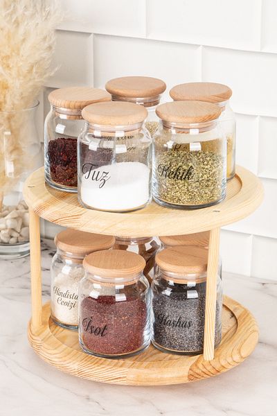 DNS HOME 10-Piece Glass Spice Dispenser with Wooden Vacuum Lid and Rotating Stand and Transparent Label Storage Jar 300 ml