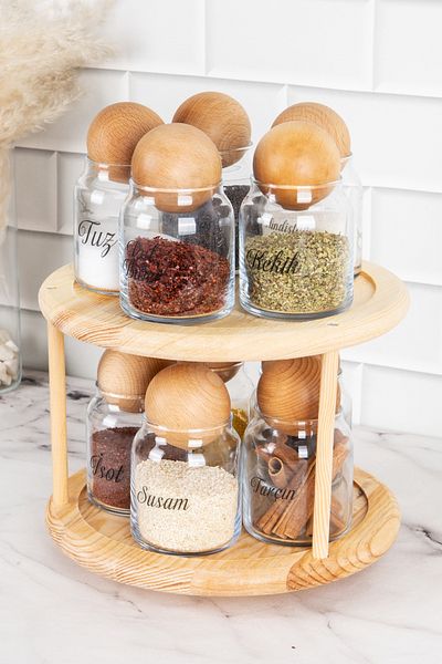 DNS HOME 10-Piece Glass Spice Bowl with Wooden Ball Lid and Rotating Stand and Transparent Label Storage Jar 300 ml