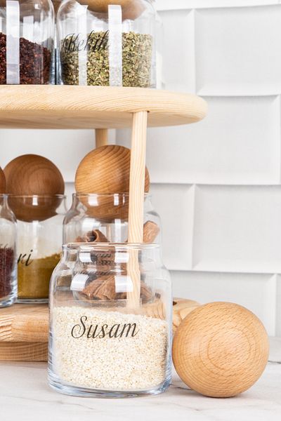 DNS HOME 10-Piece Glass Spice Bowl with Wooden Ball Lid and Rotating Stand and Transparent Label Storage Jar 300 ml