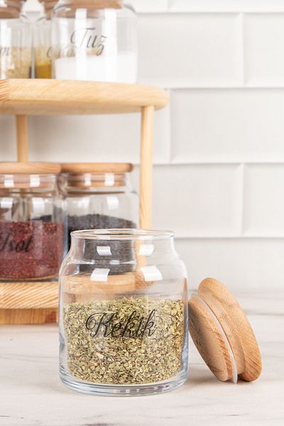 DNS HOME 10-Piece Glass Spice Dispenser with Wooden Vacuum Lid and Rotating Stand and Transparent Label Storage Jar 300 ml