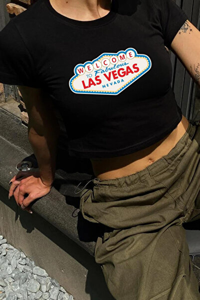 Violon Y2K ulični stil Las Vegas tematski printani kratki rukav crni kratki top