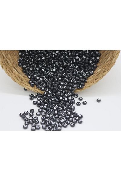 Hobimos 500 gr Letter Beads - 4x7mm Flat Black Background White Letter Beads (500gr,~3750 Pieces)