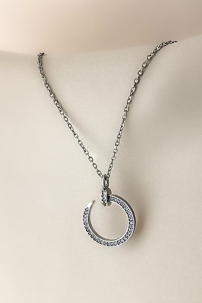 COSİTA Silver Nail Model Round Zircon Stone Row Minimal Steel Necklace