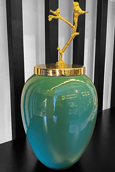 LEMİ DEKORASYON Dekoratif Dallı Kuşlu Gold Kapaklı Küp Vazo 40 cm