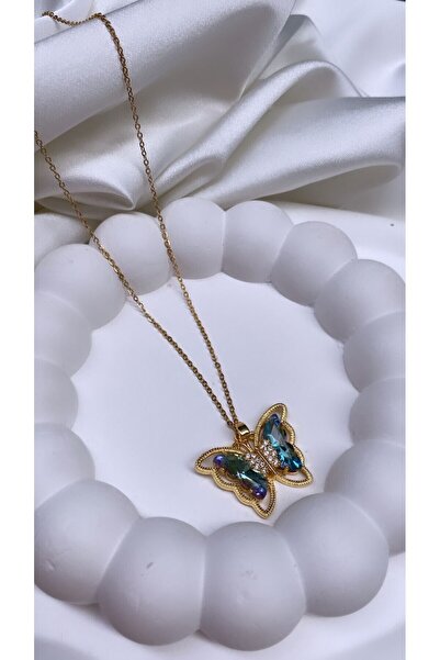Accessories Kelebekli Çelik Gold Renk Hologramlı Kolye