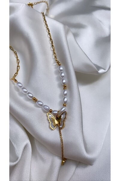 Accessories Kelebekli Incili Çelik Gold Renk Kolye Aksesuar