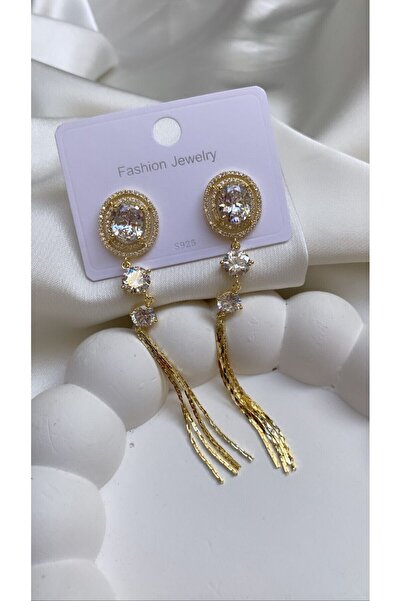 Accessories Taşlı Sallantılı Küpe Gold Renk