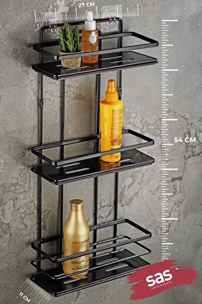 Sas Haus Ράφι ντους μπάνιου με αυτοκόλλητο 3 επίπεδα – Ρυθμιζόμενο κρυστάλλινο ράφι (κόλληση/βίδα) Μαύρο-Μαύρο