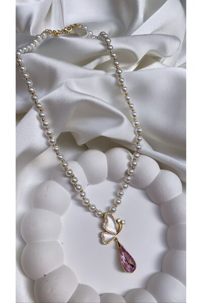 Accessories Incili Kelebekli Gold Renk Çelik Kolye