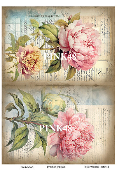 LİNEART Pink Serisi PINK48 Pembe, Çiçek Desenli Pirinç Dekopaj 30x42