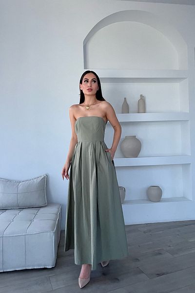 Seda Yalçın Atelier Χακί Στράπλες Μπροστινό Πλισέ Μίντι Φόρεμα