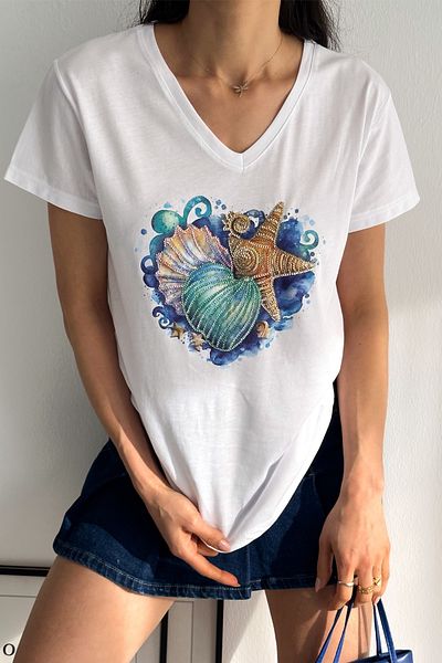 FEMELLE Women's White V-Neck Starfish Sequin Embroidered 100% Cotton T-Shirt