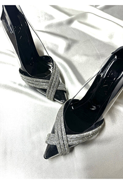 TrendyAnka Lady Princess Black Transparentní Cross Jeweled 8 cm Transparentní společenské boty se špičatou špičkou na podpatku