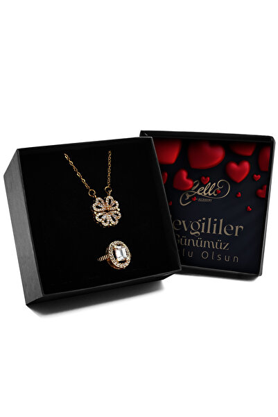 Cello Accessory Sevgililer Gününe Özel Kutulu Zirkon Taşlı Açılır Yapraklı Gold Çelik Yonca Kolye & Taşlı Yüzük