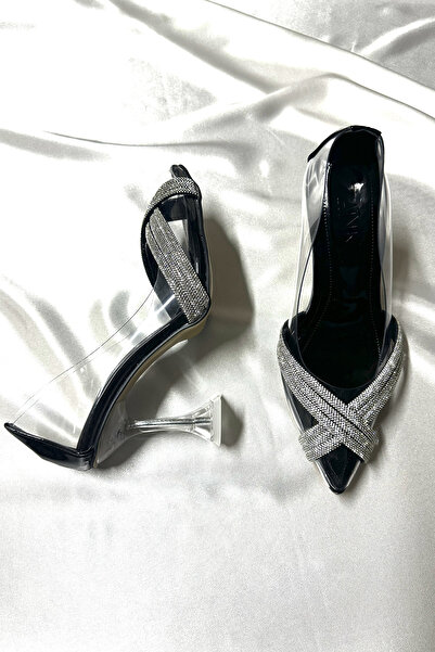 TrendyAnka Lady Princess Black Transparentní Cross Jeweled 8 cm Transparentní společenské boty se špičatou špičkou na podpatku