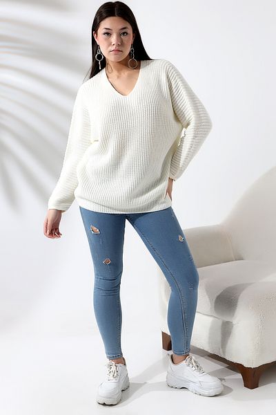 Devinka Pulover de damă alb cu decolteu în V Thessaloniki Knit Oversize Tricotaj
