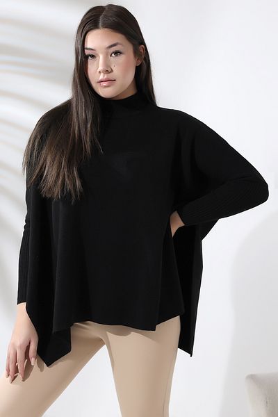 Devinka Women's Black Oversize Slit Knitwear Poncho Sweater