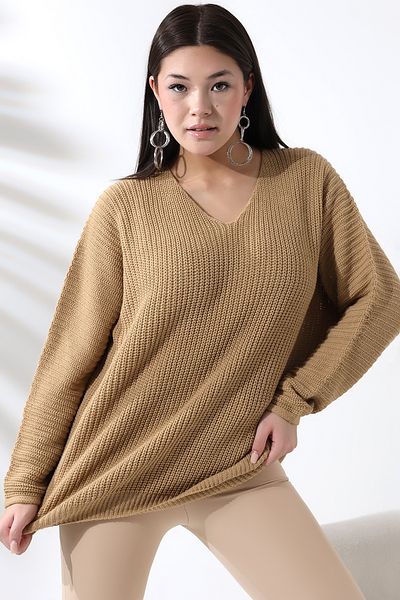 Devinka Pulover de damă Biskuvi cu decolteu în V Thessaloniki Knit Oversize Tricotaj