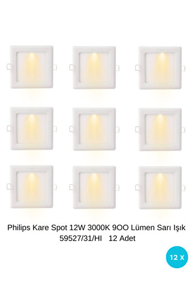 Philips 12W Kare Spot 3000K Sarı Işık 900 Lümen 220v Direk Bağlantı 12'li