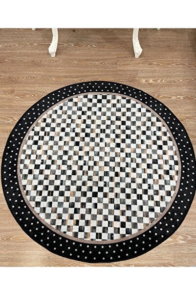 Brillant Robert Dama Desen Saçaksız Yuvarlak Halı - Siyah