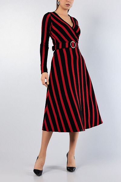 NKTCOLLECTİON Rochie de tricot cu curea cu dungi roșii pentru femei 81721