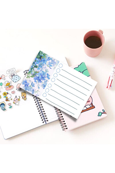 PastelSanat Çizgili Mavi Çiçekler Not Kağıdı Memopad Not Defteri Bloknot Notepad