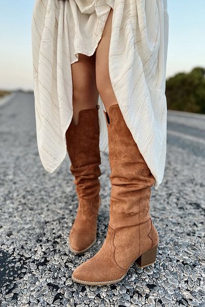 POLKA STORE Desert Long Below the Knee Western Suede Tan Brown Γυναικείες καουμπόικες μπότες με φυσούνα