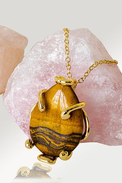 Tesbih Atölyesi Certified AAA+ Drop Nail Tiger Eye Stone Necklace - Gold Color