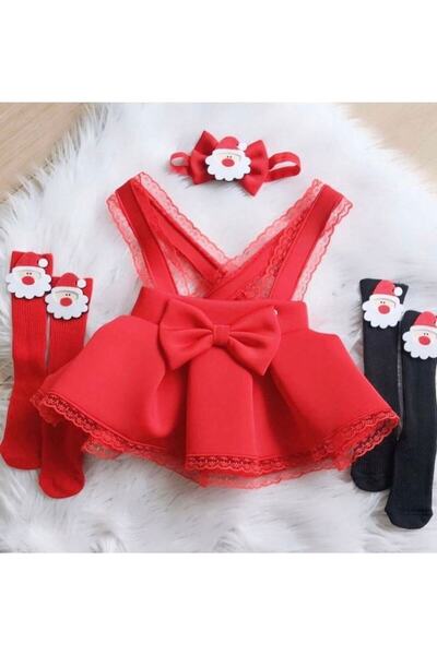 Kokosh kidss Kız Cocuk Noel Salopet Bandana Ve Corap Setı