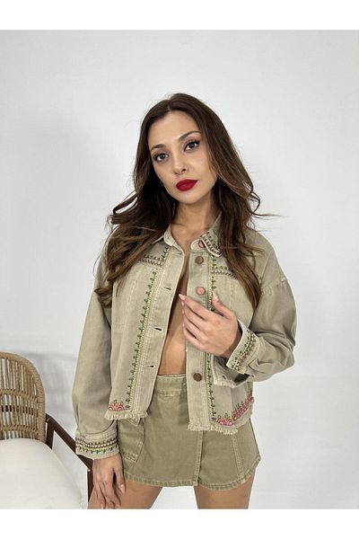 Fame Women's 100% Cotton Gabardine Embroidered Jacket Khaki