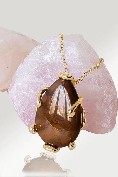 Tesbih Atölyesi Certified AAA+ Brown Agate Stone Necklace with Drop Nails - Gold Color