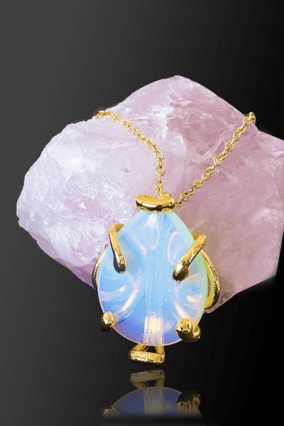 Tesbih Atölyesi Certified AAA+ Drop Model Opal - Moon Stone Necklace - Gold Color