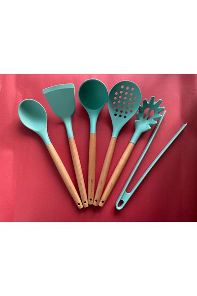 Multiamo Bamboo Handle Silicone Serving Set 6 Pieces, Ladle, Spoon, Colander, Pasta Spoon, Angled Spatula, Tongs