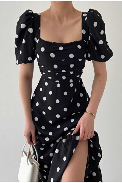 Justin Kadın Siyah Beyaz Puantiyeli Etek Ucu Fırfırlı Balon Kol Kare Yaka Şık...