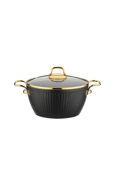 Lines Maya Granite Patterned Deep Pot Gold Handle - Black - 20 Cm