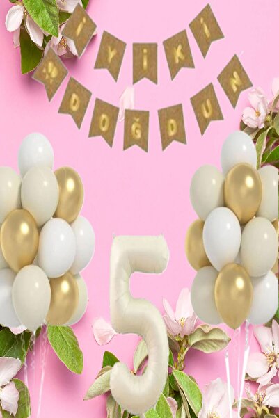 DÜVENCİ TİCARET SET DE BALONI DE LAZĂRĂ DE ANIVERSARE KRAFT CU FOIL NUMĂR CREAM