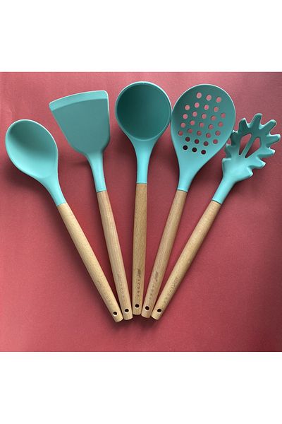 Multiamo Bamboo Handle Silicone Serving Set 5 Pieces, Ladle, Spoon, Colander, Pasta Spoon, Angled Spatula,