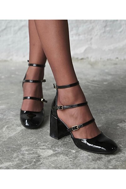 MYVOLANTE Tocuri înalte negre din piele lăcuită